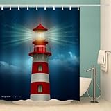 MOXINO Leuchtturm Duschvorhang Anti-Schimmel 120x180 cm Polyester Stoff Textil Waschbar Wasserdicht Badvorhang 3D Leuchtturm Motiv Duschvorhänge Badezimmer mit 12 Haken（Stil 21-18）