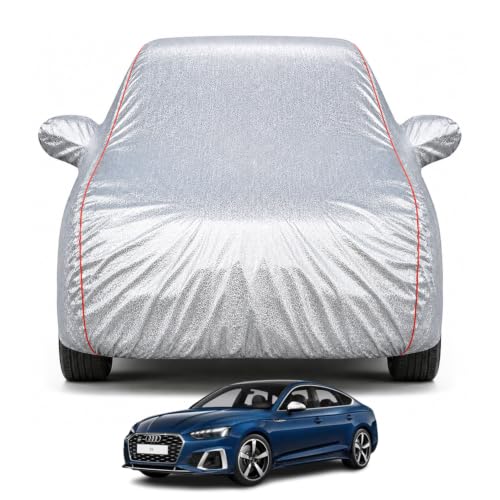 Image of Premium Car Cover for Audi S5 Sportback Model | Waterproof, UV & Dust Protection | Mirror & Antenna Pocket | Triple Stitched, Soft Inner Lining, Belt & Buckle (Metalic Silver)