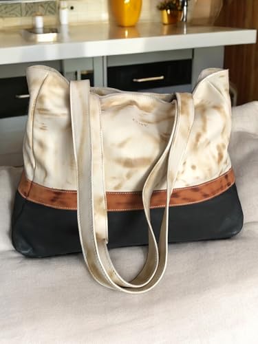 Image of GENUINE LEATHER Tote Bag Soft Leather- Durable Cowhide, Magnetic Closure, Stylish Black and Tan Design, 18x11.8x4.8 inches, Perfect for Everyday Use, OFFER