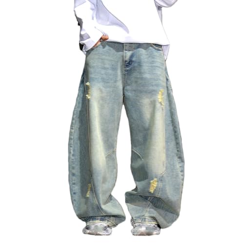 Men’S Trendy Hip Hop Loose Fit Baggy Vintage Washed Distressed Ripped Harem Denim Cargo Pants Button Fly Streetwear Jeans