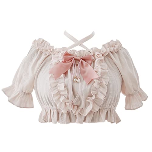 Sweet Lolita Puff Short Sleeve Blouse Teen Girls Japanese Gothic Ruffle Halter Neck Soft Crop Top with Bow