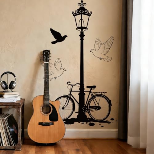 Superdant - Pegatinas de pared (2 piezas, grandes decoraciones de pared, 122 x 81 cm, pegatinas de PVC, diseño retro, bicicleta y luz de calle para salón, dormitorio, apartamento, decoración negra