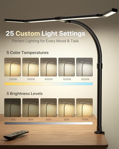 Image of ONEMIX 42 inch LED Desk Lamp for Home Office, 1800LM Eye-Caring Architect Desk Light with Clamp and Remote, 5 Colors & 5 Brightness Levels, Flexible Gooseneck, 4-Panel Light Bar for Dual Monitors, Study