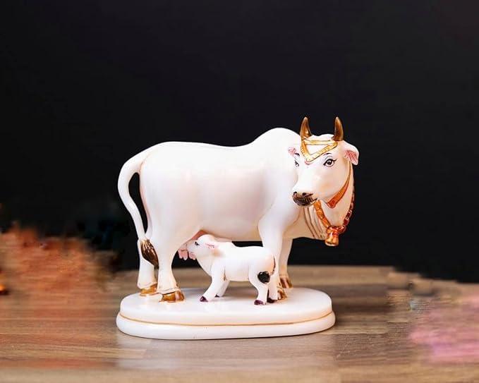 Image of Cow & Calf Statue (Kamdhenu Idol) in Marble Dust - Gold & White 9 cm Decorative Showpiece for Home Decor, Pooja Room, Vastu Gift, Housewarming & Wedding Gift