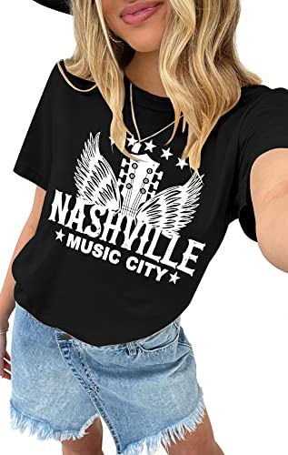 Binshre Womens Nashville Tshirt Tennessee Country Concert Graphic Tees Guitar Wings Rock and Roll T Shirts for Women Black