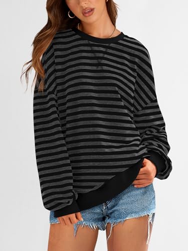 Image of PRETTYGARDEN Womens Striped Oversized Sweatshirt Color Block Crew Neck Long Sleeve Casual Loose Pullover Top Y2K Clothes