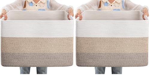 Image of OIAHOMY 108L Large Cotton Rope Basket, Rectangle Woven Baskets for Storage, Nursery Blanket Storage Living Room, Toy Basket With Handle-25 inchx16 inchx16 inch-Gradient Yellow (Pack of 2)