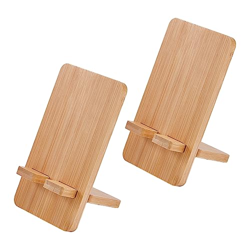 HOBBIESAY 2 Sets Bamboo Cell Phone Stand Holder 2.95x2.76x5.31 Inch Universal Portable Sturdiness Holder with Charging Port for Desktop Compatible Smartphones Tablets
