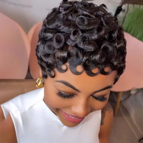 MOONSHOW Short Wigs for Black Women Afro Curly Wig for Black Women Pixie Cut Wig Haircut Natural Black Short Pixie Wigs for Black Women Synthetic Afro Curly Finger Wave Hair Wig