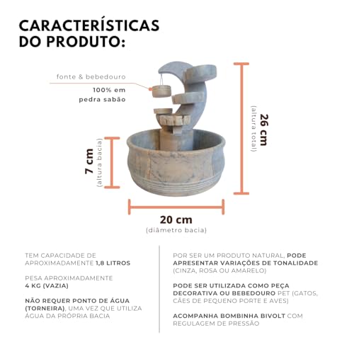 Fonte De Água Bebedouro Pedra Sabão 3 Quedas Chafariz Decoração Sala (Natural)