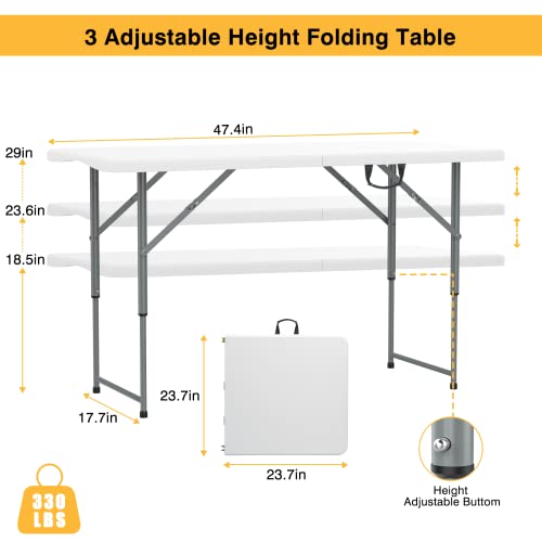 Skok Folding Table 4 Foot Adjustable Height, Plastic Foldable Table Portable With Carry Handle, Utility Commercial Craft Card Table With Heavy Duty Frame For Picnic, Dining And Events, White #TOP2