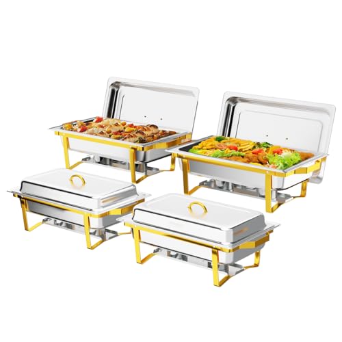 ROVSUN Chafing Dishes for Buffet 4 Pack, 9QT Chafing Dishes [Elegant Gold & Silver] with Rolled-Edge Design, Catering Chafer Warmer Set with Folding Frame for Party Wedding Banquet