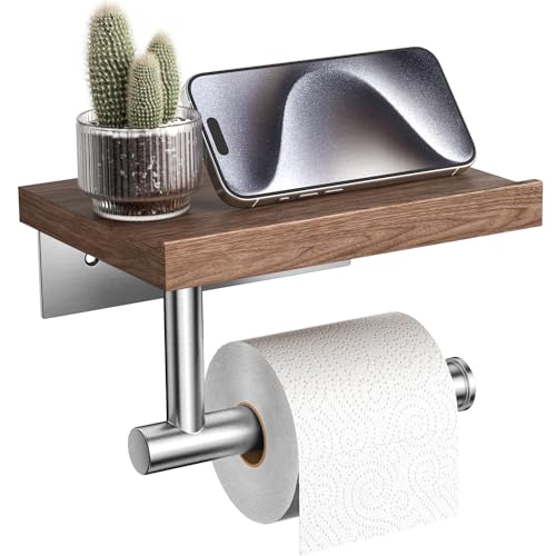 Image of Tindbea Toilet Paper Holder with Wood Shelf, Wooden Wall Mount Tissue Paper Roll Holder, Brushed Nickel Stainless Steel Bathroom Accessories Decor Household Home Apartment Restroom Essentials (Walnut)