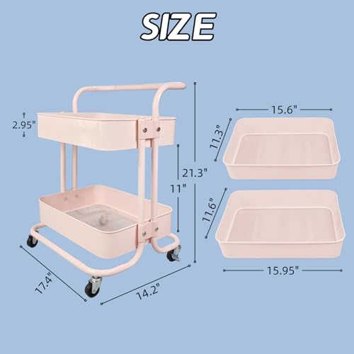 Image of 2 Tier Short Rolling Cart with Wheels All-Metal Pink Pantry Storage for Kitchen,Under Desk Trolley with Handle Small Wheeled Storage Cart for Laundry Room Bathroom, Under Table Small Space