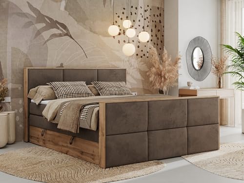 MKS MEBLE Boxspringbett 180x200 Albero 2 King Duo – Bett mit Bettkasten, Kopfteil & Fußteil – 2 Matratzenebenen (7-Zonen Multipocket + Pocket) – Matratze H3 – Topper T25 – Braun Velvet