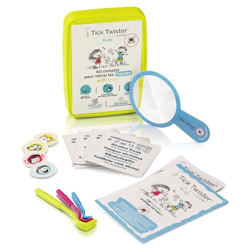Tire Tique Spécial Enfants – Kit Complet avec Pince à Tique (set de 3) pour Humain, Lingettes Désinfectantes, Pansements Fun, Loupe et Boîte de rangement...