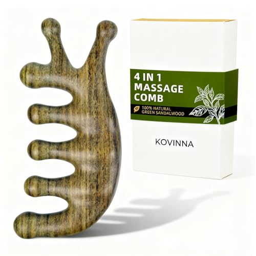 KOVINNA Green Sandalwood 4-in-1 Massage Comb & Gua Sha Tool for Scalp Face & Body Natural Wooden Comb for Relaxation Stress Relief & Hair Care Luxury Self-Care Gift for Women Mom & Girlfriend