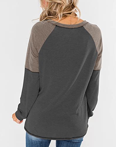 Bingerlily Women's Casual Long Sleeve Tunic Tops Crew Neck Color Block Blouses Charcoal #TOP2
