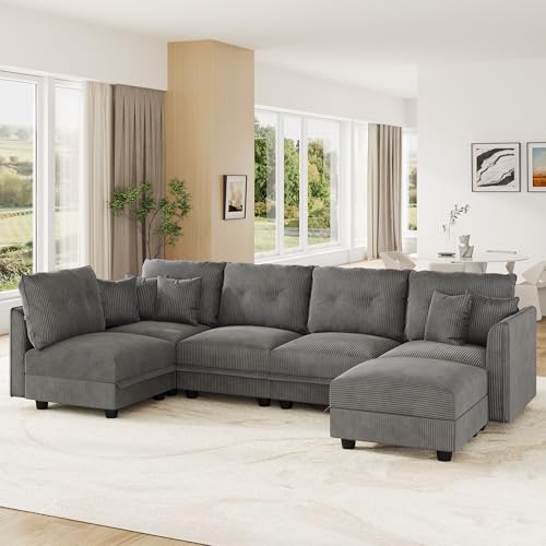 Image of LLappuil Modular Sectional Sleeper Sofa with Storage, U Shaped 6-Seat Corduroy Couch with 5 Throw Pillows, Convertible Sofa Set for Living Room & Small Space, Skin-Friendly & Soft, Grey