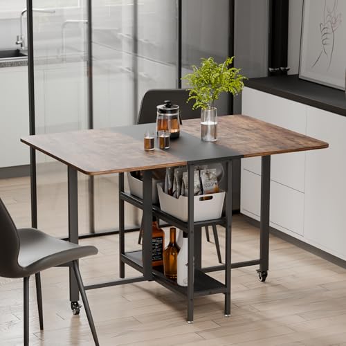 Mondeer Folding Dining Table, Drop Leaf Table with Storage Shelves Extendable for Small Spaces Kitchen Dining Room, 120 x 80 x 75 cm, Rustic Brown and Black - Image 6