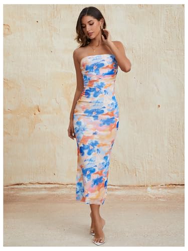 Image of Milumia Women's 2026 Summer Floral Strapeless Tube Top Dresses Side Slit Wedding Guest Bodycon Maxi Dress