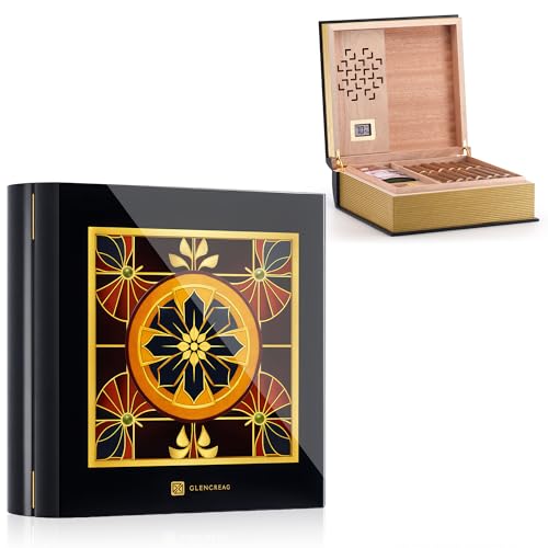 GLENCREAG L26L Book Cigar Humidor for 80 Cigars – Decorative Book Style Humidor Box – Spanish Cedar Lining, Piano Lacquer Finish, Digital Hygrometer, Magnetic Seal – Gift for Cigar Aficionados, Black