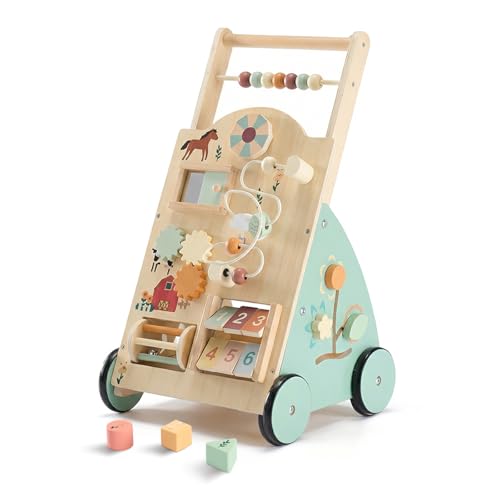 DUMOS Wooden Baby Push Walker Montessori Activity Toys with Adjustable Speed for 1 Year Old Silent Rubber Wheels Wood
