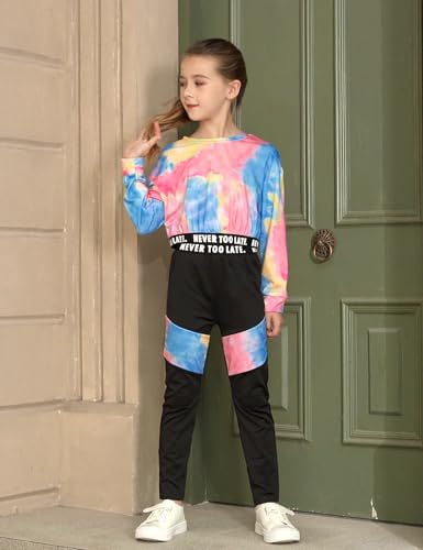 Image of Girls Clothes Tie-Dye Long Sleeve Sweatshirt Cool Patchwork Sweatpants 2 Piece Girls' Clothing Sets Size 6-14 Years