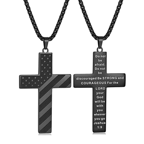 Black Cross Necklace for Men Stainless Steel 18K Gold Silver Plated American Flag Pendant Bible Verse Cross Necklaces Jewelry Gifts 18"-24"2
