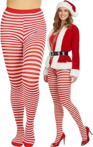 ToBeInStyle Women's Striped Tights, White/Red, One Size Plus
