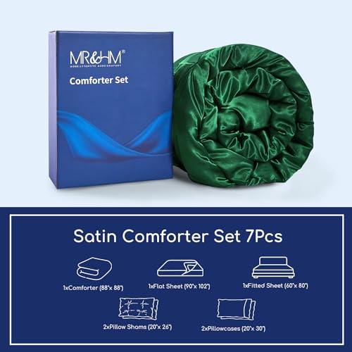 MR&HM Satin Comforter Queen 7 Pieces - Luxurious Pinch Pleat Bedding Set with Comforter, Flat Sheet, Fitted Sheet, Pillowcases & Shams, Super Silky Soft Bed Set for All Season (Queen, Dark Green)