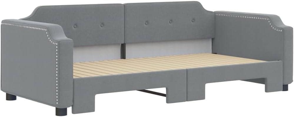 Daybed with Trundle Light Grey Fabric Polyester Platform Bed Frame Sturdy Slatted Foundation for Bedroom Modern Minimalist Furniture Easy Assembly No Box Spring Needed