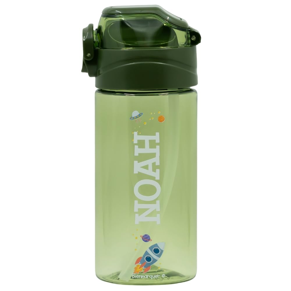 EASY2NAME Personalised Drinking Bottle for children leak-proof children's drinking bottle with straw 100% BPA-free robust bottle for boys and girls – dishwasher safe – 450ml -(Army Green)