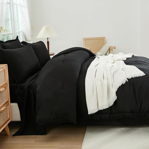 Image of Andency Oversized King Comforter Set with Sheets 120x120 Black - 7 Pieces Boho Tassel Bed in a Bag Soft Lightweight Bedding Sets, Fringe Bed Set with Comforter, Sheets, Pillowcases & Shams