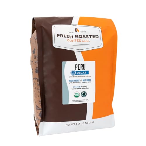 Fresh Roasted Coffee, USDA Organic Peru Water-Processed Decaf | 3rd Party Tested for Pesticides, Mold, Mycotoxins, Kosher | 100% Arabica, Specialty Grade, Med Roast 5 lb (80 oz) Whole Bean