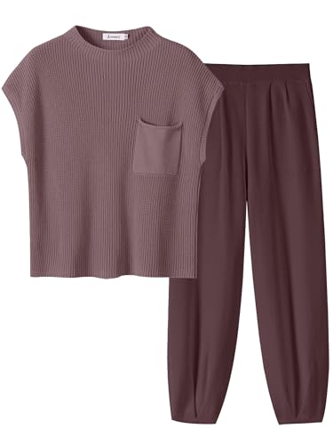 Image of ANRABESS Women's Two Piece Outfits Sweater Sets Knit Pullover Tops and High Waisted Pants Tracksuit Lounge Sets