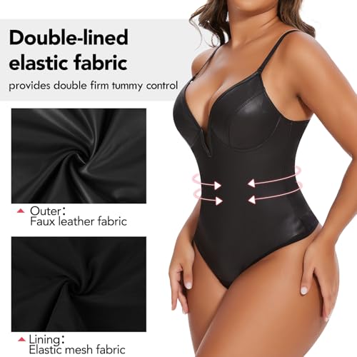 SHAPERIN Women's Deep V Neck Faux Leather Corset Bodysuit Tummy Control Shapewear Thong Body Shaper Plunge Cami Top4