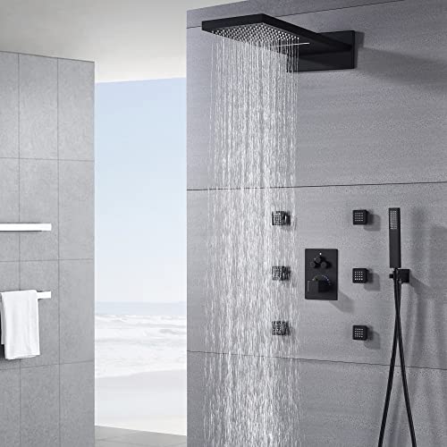 Sistema de ducha rectangular 9 x 22 pulgadas Cascada con monocomando y 4 botones para 4 funciones (lluvia, cascada, jets corporales y ducha manual) en negro mate miniatura 2