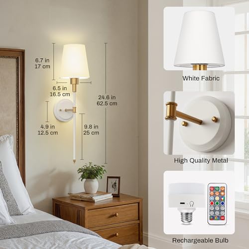 Image of DORESshop Battery Operated Wall Sconce Set of 2, Wireless Wall Light Easy to Install, 7 Color Rechargeable Wall Sconces, Sconce Wall Decor Set of 2 for Bedroom, Living Room, Gold and White, 24.6in