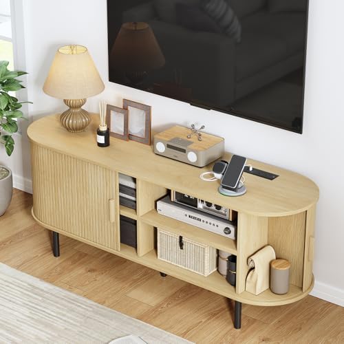 Image of 55 inch TV Stand with Power Outlet, Modern Media Console with Sliding Doors, Entertainment Center for TVs up to 60 Inch, Adjustable Shelves, Oak