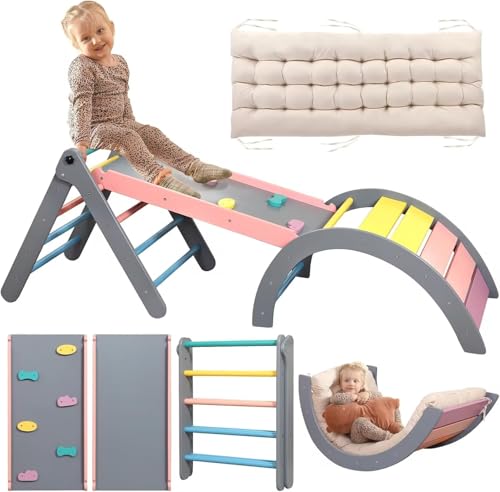 Image of Pikler Triangle Set with Cushion, 7 in 1 Toddler Climbing Toys Indoor, Montessori Foldable Climbing Set, Wooden Climbing Toys for Toddlers Inside with Ramp, Arch and Ladder (Rainbow with Blue)