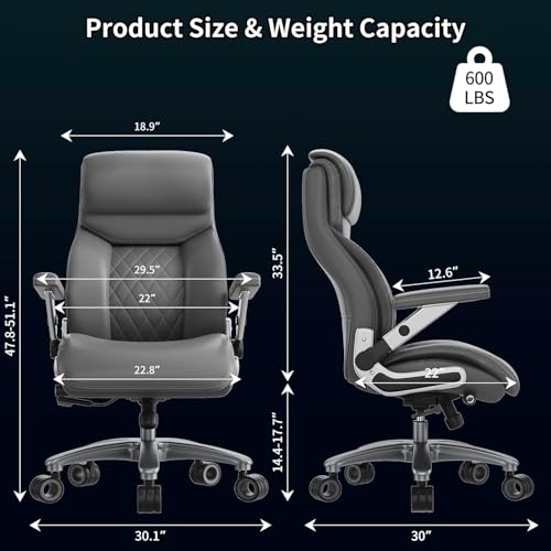 Image of Big and Tall Office Chair with 5D Arms, 600lbs Heavy Duty Desk Chair with Adjustable Lumbar Support, PU Leather High Back Ergonomic Executive Computer Chair with 3'' Silent Casters