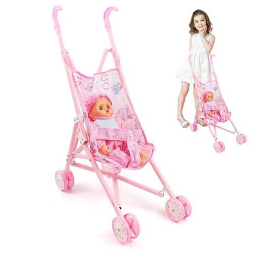 Cochecito de muñeca plegable con juego de bebé articulado y ropa