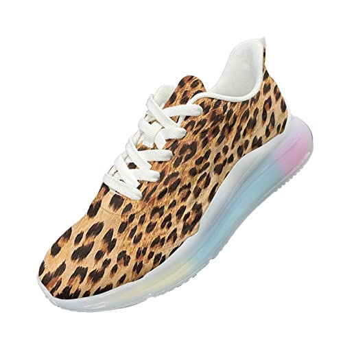 Chaussures de course légères femme avec semelle arc-en-ciel au motif léopard jaune