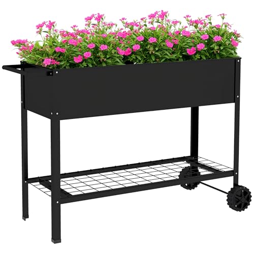 Outsunny Jardinière sur Pieds Potager dim. 109L x 39l x 80H cm étagère 2 Roues + Insert d'irrigation métal Noir