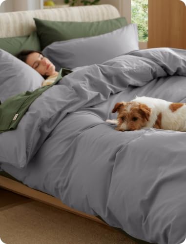 Image of Bedsure 100% Washed Cotton Duvet Cover Queen Size - Grey Minimalist Bedding Set Linen Like - PureWoven Plain Simple & Soft Comforter Cover for All Seasons, 3 Pieces (Grey, Queen, 90 inchx90 inch)