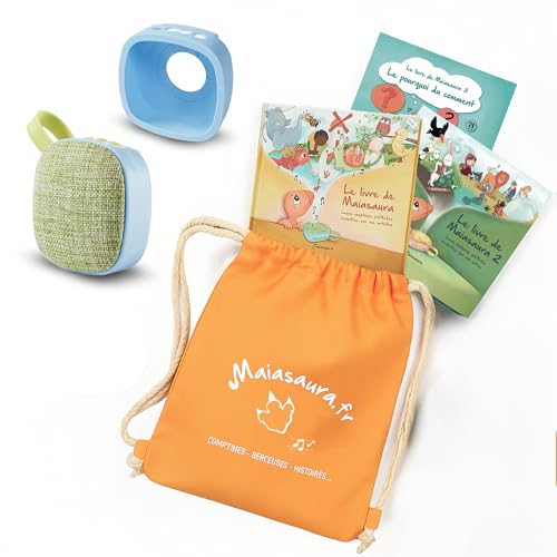 MAIASAURA Coffret Cadeau Boite à Histoires et Musique pour Enfant Maïa Plus avec 200 Titres Inclus | Une Coque de Protection, Un Sac et 3 Livres | Comptines, Histoires, Berceuse | 10H d'écoute