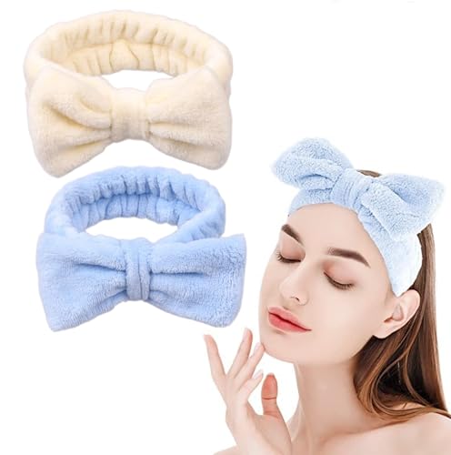 Premium 2 Pieces Spa Facial Headband for Makeup and Washing Face Women Spa Yoga Sports Shower Facial Head Band Elastic Head Wrap for Girls and Women (Cream & Sky Blue)