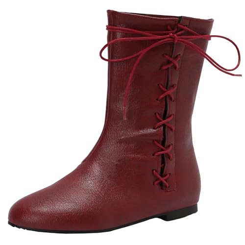Women's Lace up Mid Calf Boots with Flat Heel