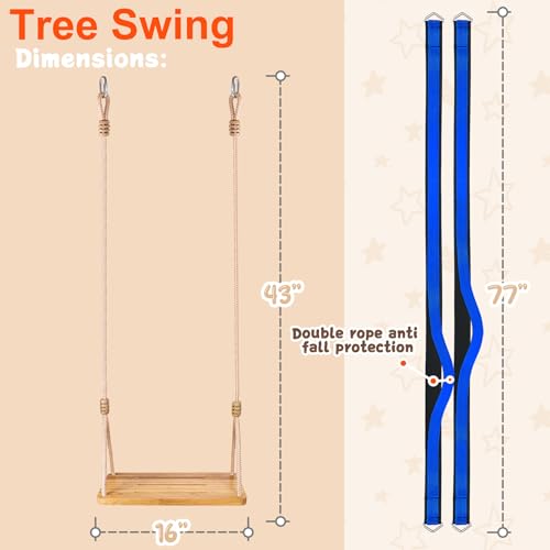 Image of Bamboo Tree Swing Seat for Adults & Kids, 440LB Capacity and 77 inch Tree Straps, Indoor /Outdoor Swing Set for Backyard, Garden, Porch, Patio（Children's Swings）